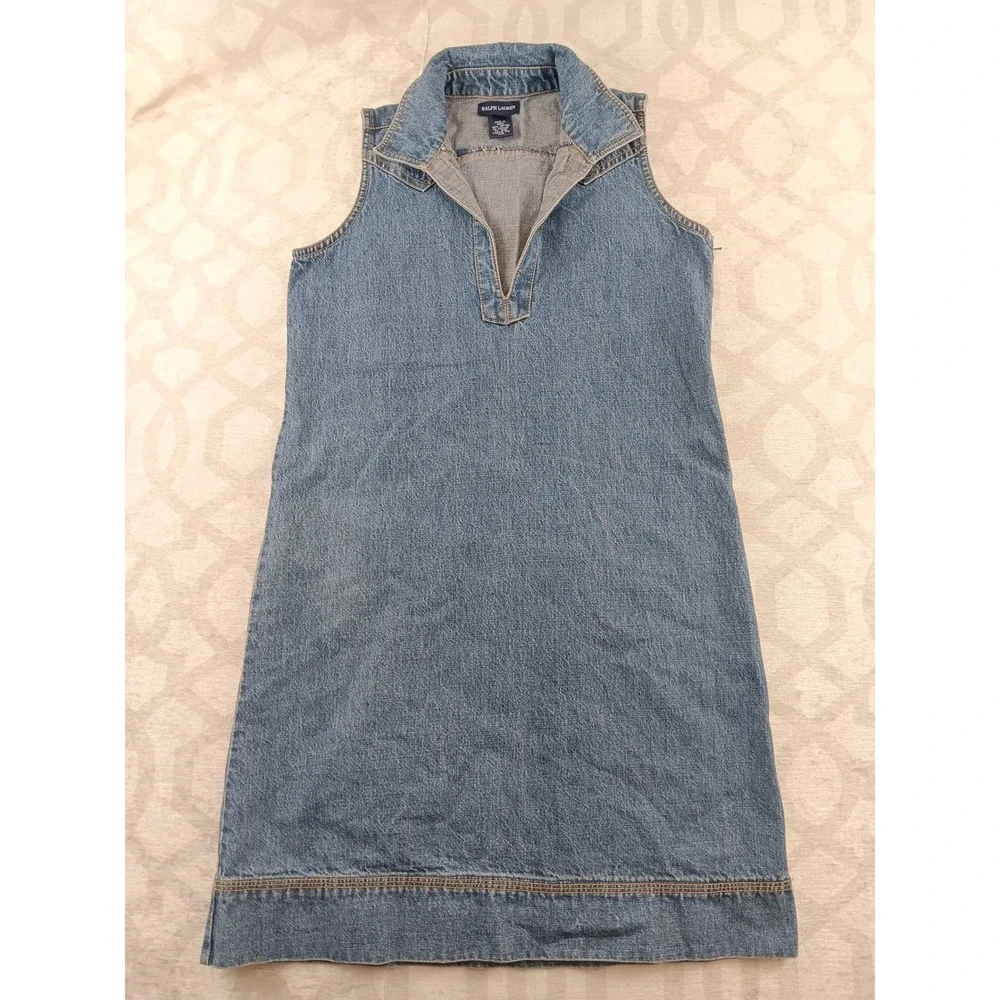 Vintage Ralph Lauren Denim Youth Jean Dress Sleeveless Collared V Neck‎ Size 16